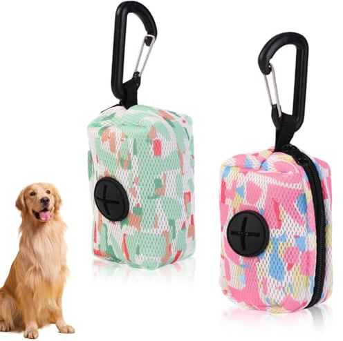 2 Stück Mesh Poop Bag Dispenser, Hundekotbeutelspender aus weichem Stoff mit Karabiner, Hundekotbeutel Hundekot-Sammler Hundekotbeutel-Halter für Spazierengehen mit Dem Hund Laufen Wandern, Rosa, Grün