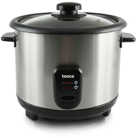 TOSCA Arrocera Eléctrica 1,5L (8 Raciones) - Olla Arrocera 500W Acero Inoxidable, Función Mantener Caliente, Tapa Cristal Templado, Antiadherente, Incluye Vaso y Cuchara, Apagado Automático Seguridad