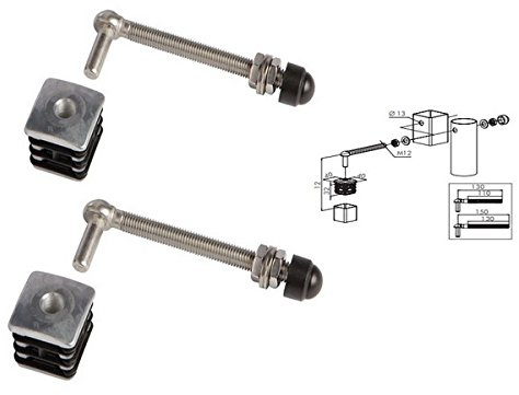 2 charnières M12 bouchons alu pour portillon de jardin, 40x40mm L 150mm LOCINOX
