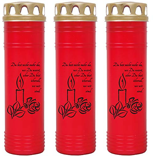 HS Candle Grabkerze - 3er Pack - (Rot) Grablicht ca. 7 Tage Brenndauer je Kerze - Motiv: Kerze