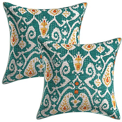 Stylo Culture Bohemio Fundas para Almohadones Decorativos 40x40 cm Algodón Ikat Fundas Cojines Sofa Verde Esmeralda 16x16 Inch Kantha Impreso Cuadrado sobre Fundas para Cojines De Cama - 2 Pcs