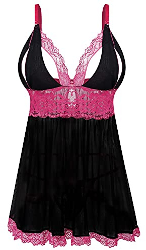EVELIFE Damen Übergröße Dessous Set Spitze Sexy Chemise Nachtwäsche Babydoll Kleid mit G-String(Schwarz 4XL)
