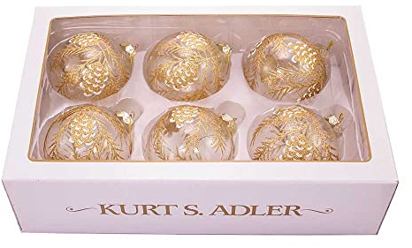 80MM Clear with Gold Pinecones Glass Ball Ornaments, 6-Piece Set