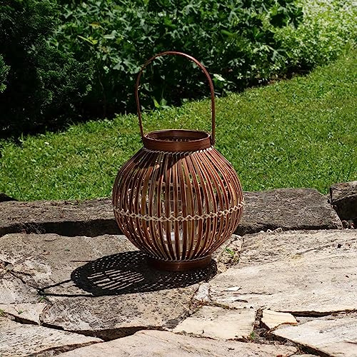 BOURGH Lykta bambu AGIRA – naturligt trä vindljus, mörkbrun, 26 cm hög, med handtag, ljusstake lykta glas – lämplig som balkongdekoration och för trädgård, terrass och lägenhet