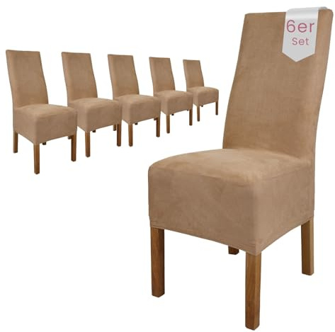 Scheffler Home Stuhlhussen Beige 6er Set Velours Stretch Leon | Elastische und waschbare Stuhlbezüge,Öko-Tex zertifiziert,für Esszimmerstühle, Hochlehner und Polsterstühle