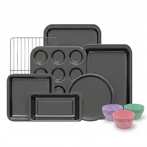 KITESSENSU Compact Baking Pans Sets, Nonstick Bakeware Sets 19-Piece with Round/Square Cake Pan, Loaf Pan, Muffin Pan, Cookie Sheet, Roast Pan, Cooling Rack, Carbon Steel Bake Set