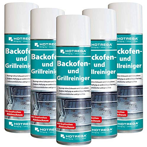 HOTREGA Backofen- und Grillreiniger 5x 300ml | Gebrauchsfertig | Entfernt eingebrannte Rückstände von Fett, Öl, Zucker | Für Edelstahl, Glas & Keramik