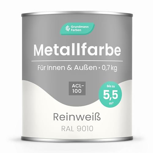 Grundmann Metallfarbe ACL 100 - Weiss 0,7 Kg - Seidenmatt - 4in1 Metallschutzlack inkl. Rostschutz und Grundierung - RAL 9010 Reinweiss