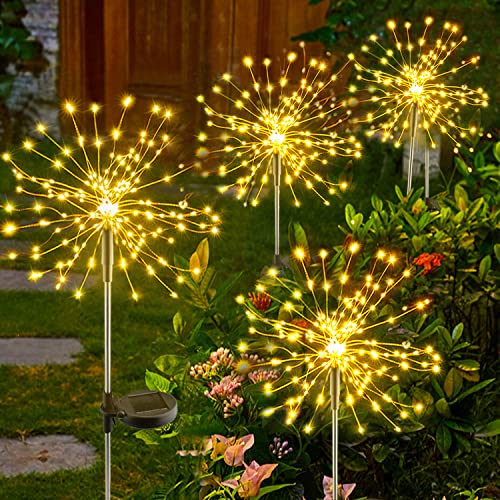 Solar Lights for Garden Decoration,4x150 Christmas Fairy Lights Solar Powered Starburst Lights Outdoor Firework Decorative Lamp Pathway Lighting 8 Different Modes Waterproof Warm White 4 Pack