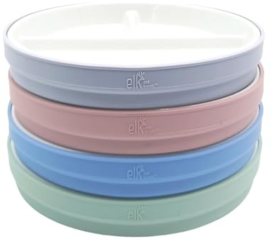 Elk and Friends 6,7 Zoll große, unterteilte Porzellanteller für Kinder mit Silikonhüllen. Geeignet für Babys, Kinder und Kleinkinder. Mikrowellen- und spülmaschinenfest. Rutschfeste Snackteller.