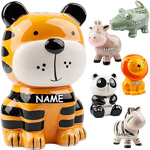 alles-meine.de GmbH 2 Stück große XL Spardosen - lustige Tiere - inkl. Name - stabile Sparbüchse - aus Porzellan/Keramik - mit Verschluss - 18 cm - Sparschwein - für Kinder &..