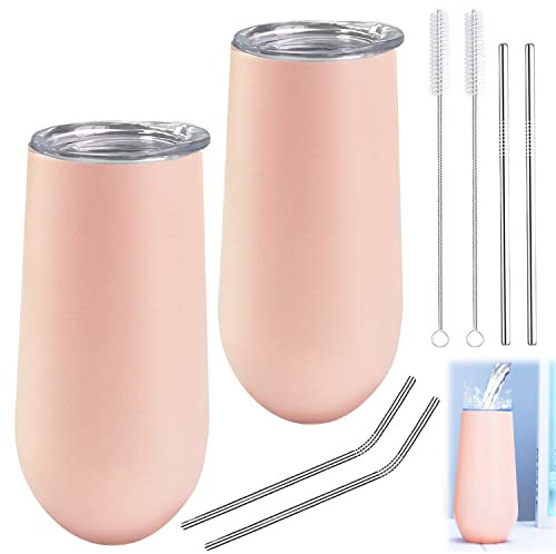 Tongboke 2 Stück Weinbecher Edelstahl, Sektgläser Edelstahl, Champagnergläser Wird mit 2 Sets von Bürsten und Strohhalmen geliefert,Sektgläser To Go für Büro, Party, Camping Weingläser,Reisen