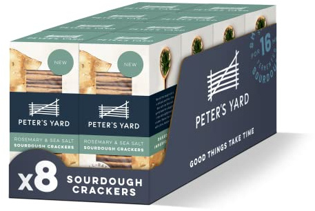 Peter's Yard Sourdough Crackers, Rosemary and Sea Salt, Great with Chutney and Cheese, High Fibre, Natural Ingredients, Low Sugar, Pack of 8 x 90g Boxes