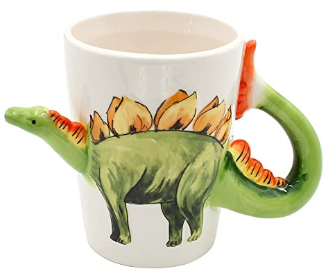 Dekohelden24 Kaffeebecher Kaffeetasse mit Dino aus Keramik - Motiv: Stegosaurus - Größe: ca. H/Ø: 11 x 7 cm/Fassungsvermögen: ca. 300ml