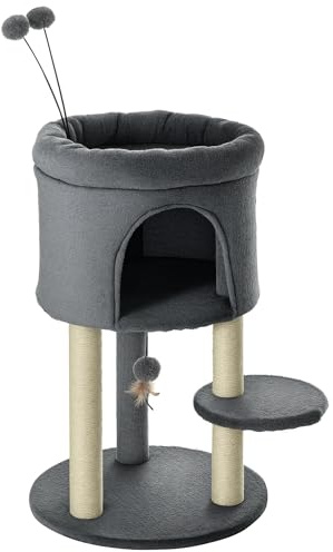 PawHut Kratzbaum mit Katzenhöhle und Spielball 73,5H cm Grau+Cremeweiß | Katzenbaum, Kletterbaum, Sisalsäule, Katzenspielzeug, Plüsch