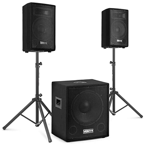 Vonyx VX1015BT 2.1 Conjunto Altavoces Activos Compuesto por un subwoofer Amplificado de 15” y Dos satelites pasivos de 10, EQ de 2 Bandas, Bluetooth, Echo para micrófono, Incluye 2 trípodes y Cables