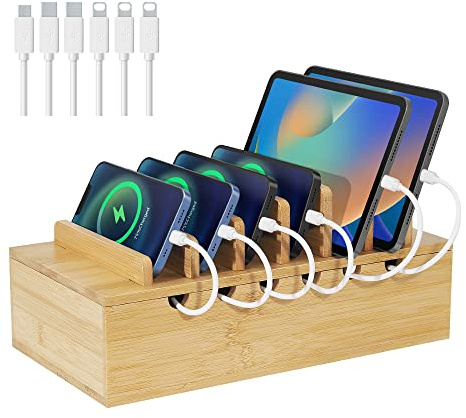 LEOKKARR Bambus-Ladestation für mehrere Geräte, Upgrade-Schreibtisch-Dockingstationen, Organizer für Apple-Geräte, Holz-Lade-Handyhalter-Ständer (inkl. 6 Kabel) (ohne Netzteil)
