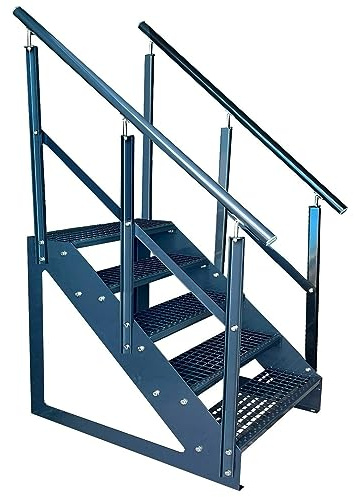 Kaminbau Mierzwa Premium Treppe Freistehend 5 Stufen Anthrazit beidseitigem Geländer (Breite 1400 mm) (Höhe 95cm) Wetterfest Gitterroststufe Gartentreppe