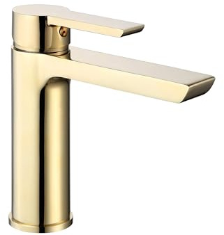 Rea Waschtischarmatur ARGUS GOLD LOW Wasserhahn Bad Badarmatur aus Messing Armatur für Waschbecken Badezimmer Mischbatterie Waschbecken Einhebel (Gold)