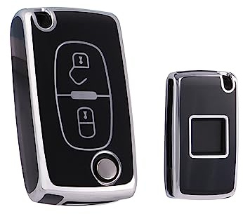 HIBEYO Autoschlüssel Hülle passt für Peugeot 1007 206 207 3008 Partner Schlüsselhülle Silicone TPU Schutzhülle für Citroen Berlingo C1 C2 C3 Nemo Fernbedienung Etui Klapp 2-Tasten-Silber Schwarz