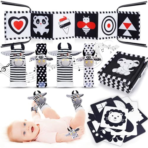 HappyKidsClub Giochi Montessori Neonato 0-12 Mesi, Libro Sensoriale Bianco e Nero Sonaglio 0-9 Mesi Tummy Time Regalo Nascita Maschio Femmina
