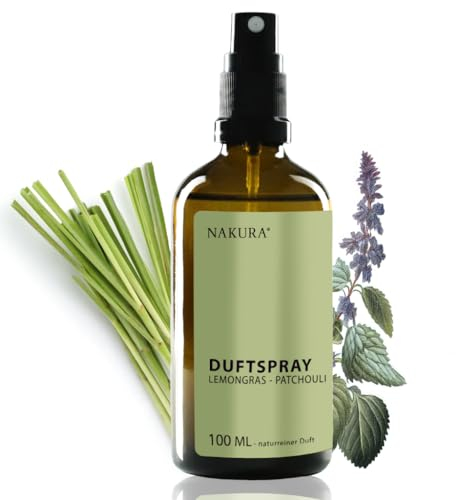 NAKURA® Raumspray, Duftspray und Lufterfrischer LEMONGRAS - PATCHOULI Bio 100 ml - Natürliches Raumduft Spray aus reinen ätherische Öle - Lufterfrischer Wohnung ohne Chemie - Lemongrass Raumduft