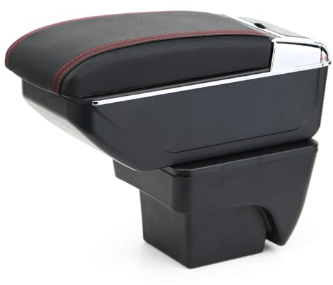 YJYWZH Armlehne für SEAT Arona Mittelarmlehne Doppelstauraum Schwarz | mit Getränkehalter,Verschiebbare Armauflage,PU-Leder,Passgenau für die Mittelkonsole,Einfache Montage,Schwarz mit Roter Naht