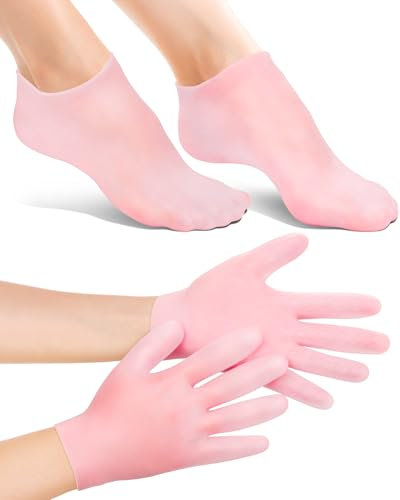 BLATOWN 2 Pairs Silicone Moisturizing Glove Socks Set, Anti Slip Soft Spa Gel Socks Softening Feet Dry Cracked Skin, Women Spa Pedicure Socks for Foot Hand Softening, Foot Care After Pedicure (Pink)