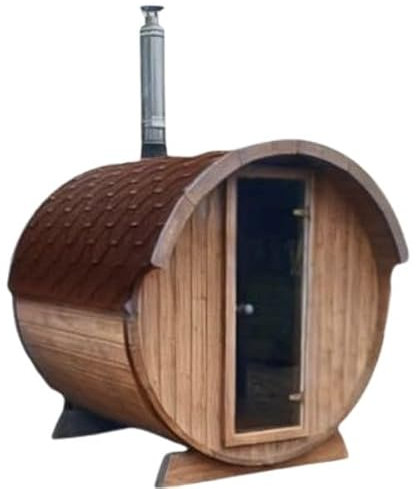 Tonneau Sauna d'extérieur en kit chaudière au bois COMPRISE, épicéa naturel, 2 à 4 personnes 2,20m x diam 1,96m / hauteur 2,15m shingle rouge