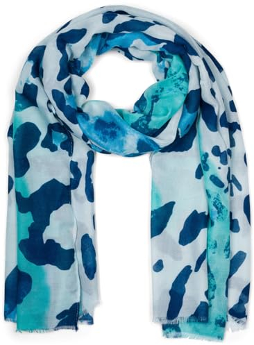 styleBREAKER Damen Schal mit buntem Leoparden Animal Print Muster, Leichtes großes Tuch mit kurzen Fransen 01016225, Farbe:Türkis-Blau