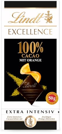 Lindt Schokolade | EXCELLENCE Tafel 100% mit Orange | 50g | extra dünne Zartbitter-Schokolade mit 100% Kakao und fruchtigen Orangestückchen | vegane Schokoladen-Tafel