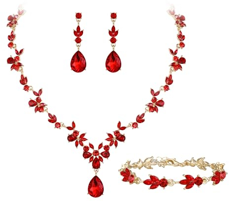 Clearine Hochzeit Schmuckset für Damen Braut Y Halskette Tennis Armband und Ohrringe baumeln Set Kristall Teardrop Marquise Cluster Schmuck für Brautjungfer Rot gold Ton