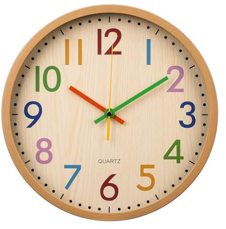 APIELE Orologio da parete da 12 pollici, con lettere colorate per bambini, moderno, venature del legno, al quarzo, non tempo, viaggi, senza ticchettio, orologio da parete per bambini, camera da letto,