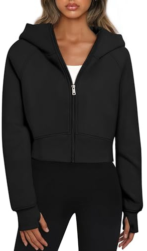Timuspo Damen Cropped Hoodie Kurz Sweatjacke mit Kapuze Zip Up Kapuzenjacke Fleece-Innenfutter Kapuzenpullover Reißverschluss Herbst Winter Sweatshirt Jacke