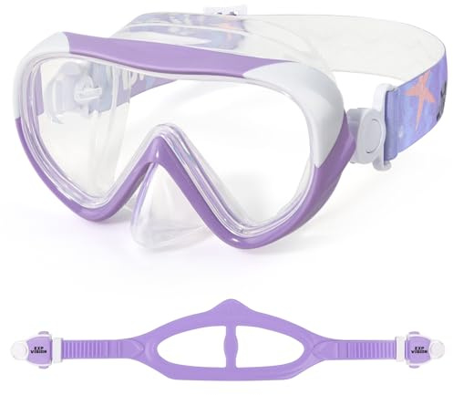 EXP VISION Kids Swim Mask - Ultimate 180° Anti-Fog Kids Diving Mask Leak-Proof Child Swim Goggles with Nose Cover & Fabric Strap for Ages 4-14 for Swimming, Diving & Snorkeling (Purple), EX1800K-PC