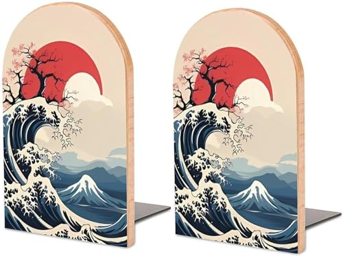 Japanische Buchstützen aus Holz, Motiv: Berg, Sonne, Mond, Wellen, robuste Buchstützen für Regale zum Halten von Büchern, stabil, rutschfest, dekorative Buchstopper für Zuhause, Büro, Bibliothek,
