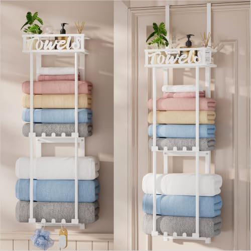 HapiRm Over Door Towel Rack - 3 Tier Towel Rack Wall Mounted with Metal Shelf Basket and 6 Hooks, Space-Saving Bathroom Towel Holder, Bathroom Towel Storage for Small Bathroom Storage & Organisation