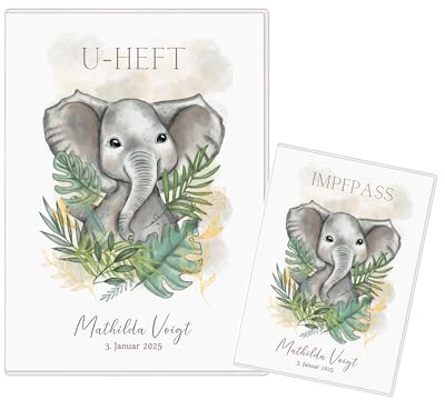 Personalisierte U-Heft- und Impfpass Hülle Dschungel Tiere – Bunte Untersuchungsheft Hülle für Babys – Babyunterlagen mit niedlichen Tiermotiven – Geschenk zur Geburt (Elefant)