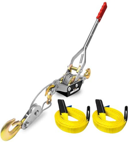 FITHOIST Come Along Winch Ratchet Tool 5 Ton Pulling Capacity 3 Hooks Steel Cable Dual Gear Power Puller with Two 1x8FT Lifting Straps Hand Winch Cable Automotive Hoist Winch Puller Recovery Gear