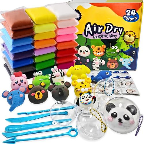 Kit di Argilla ad Asciugatura all'Aria, 24 Colori di Plastilina con 5 Strumenti, 4 Palline Riempibili, Catene a Sfere e Tutorial, Argilla da Modellare in Plastilina, Regalo Fai da Te per Ragazzi e