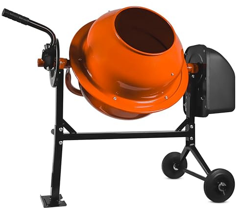 BRICOZONE Betoniera Elettrica 140 Litri 550 Watt Miscelatore per Cemento con 2 Ruote Certificazione CE Telaio in Acciaio per Malta e Calcestruzzo Arancione Velocità di 30 Giri al Minuto (140 Litri)