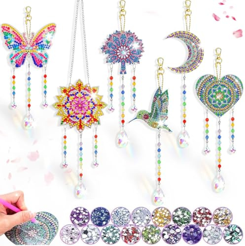 6 Stück Diamond Painting Windspiel Sonnenfänger, 5D DIY Diamond Painting Windspiel Sonnenfänger Anhänger, Bastelset Mädchen Geschenke ab 6 Jahre, Doppelseitige Diamonds Paintings Kinder Bastelsets