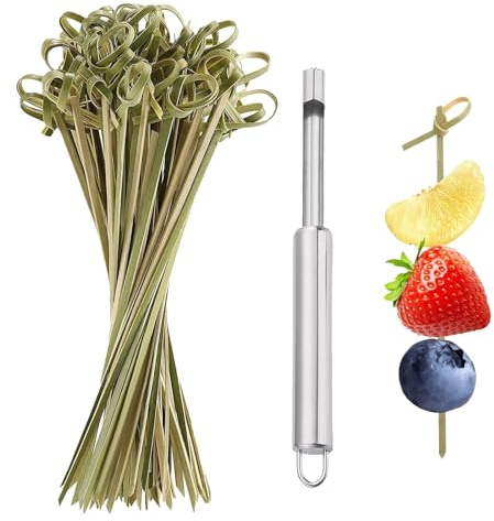 100 Pcs Knotted Bamboo Cocktail Sticks with Fruit Corer, 4.7 In Natural Bamboo Skewers & Cocktail Picks, Cocktail Accessories for Drinks,Ideal for Hosts & Barmen,Perfect for Drinks,Fruits & Appetizers