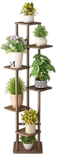Estante de madera para plantas, estante de exhibición de esquina para interiores para sala de estar, balcón, jardín, patio, 6 niveles de alto, soporte para macetas de varios niveles en color nogal