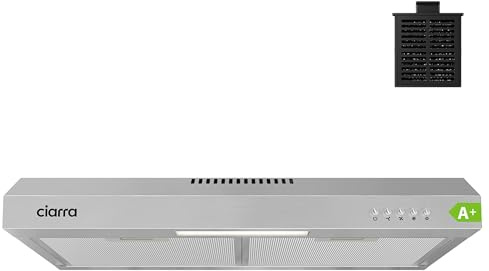 CIARRA ASS6903D Hotte sous-meuble A+, 60 cm, Hotte à convection, Évacuation par conduit, 3 niveaux de vitesse, Design intégré sous-meuble, Filtre à charbon CBCF009 inclus, Acier inoxydable, Argent