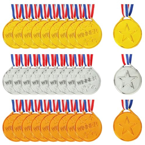 Medaille pour Enfant, 30 Pcs Médailles d'or Gagnant Médailles en Plastique avec Collier, Médaille d'or Médaille d'argent Médaille de Bronze avec Rubans de Cou pour pour Le Sport, Les Compétitions