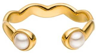 Purelei Dewdrop ring – justerbar vågring med mussla pärlor – rostfritt stål 18K guldpläterad/silver/roséguld – storlek 50–60 – elegant damring, Anpassbar, Rostfritt stål, Ingen ädelsten