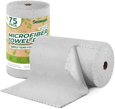 SOOWASH Mikrofasertücher Rolle, 75 Stück Mikrofaser Reinigungstücher, Abreißbare Lappen Putztücher für Auto, Küche und Haus 30x30cm(Grau)