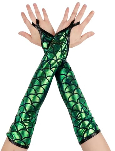 RuiChy Damen Fingerlose Metallic Handschuhe Fischschuppen glänzend ellenbogenlang Kostümhandschuhe für Abendpartys Maskenbälle Raves Bühnenauftritte Cosplay Tanzbekleidung clubs Tanzkleidung, Grün