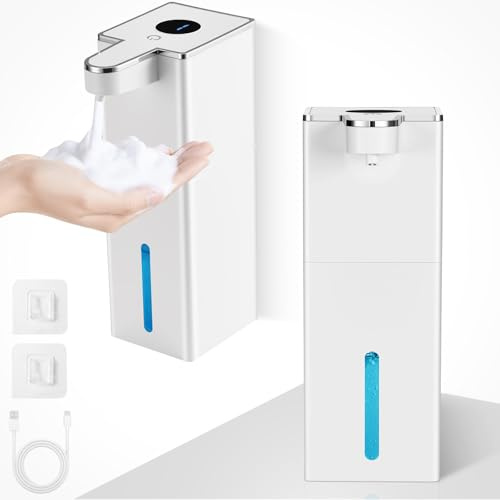 2 Stück Seifenspender Automatisch, Wandbefestigung Berührungslos 440ml Schaumseifenspender 4 Einstellbare Stufen mit Sensor, USB Wiederaufladbar 1800 mAh für Küchen,Bad,Schule,Hotel（Weiß）
